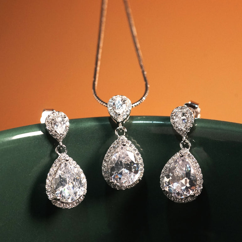 Silver Shimmer Zirconia Droplet Necklace Set