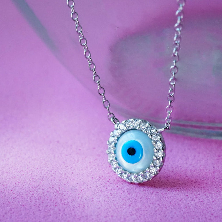 Silver Crystal Evil Eye Pendant with Link Chain