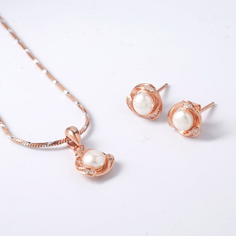 Rose gold white pearl moon pendant set