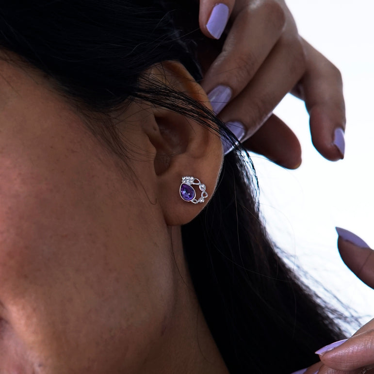 Silver purple orchid earring