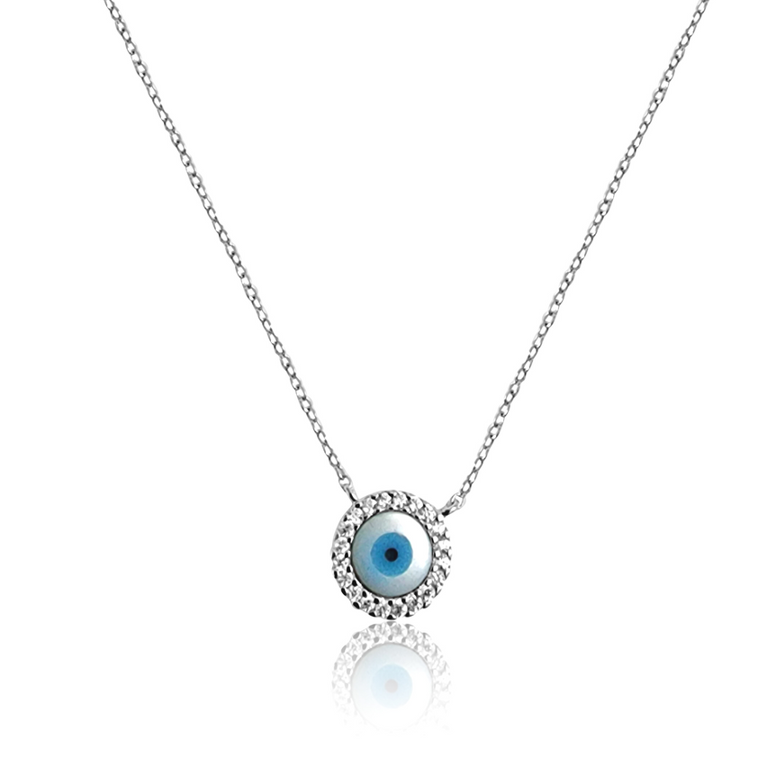 Silver Crystal Evil Eye Pendant with Link Chain