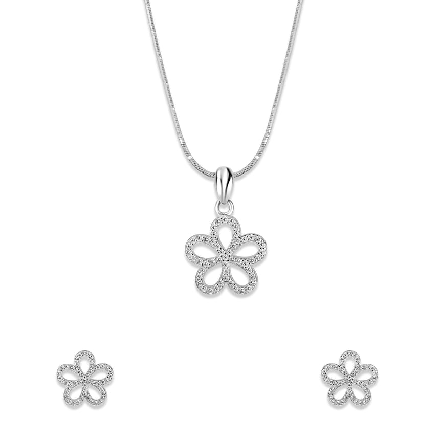 Silver flower swirl pendant set