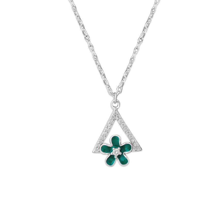 Green daisy triangle pendant with link chain