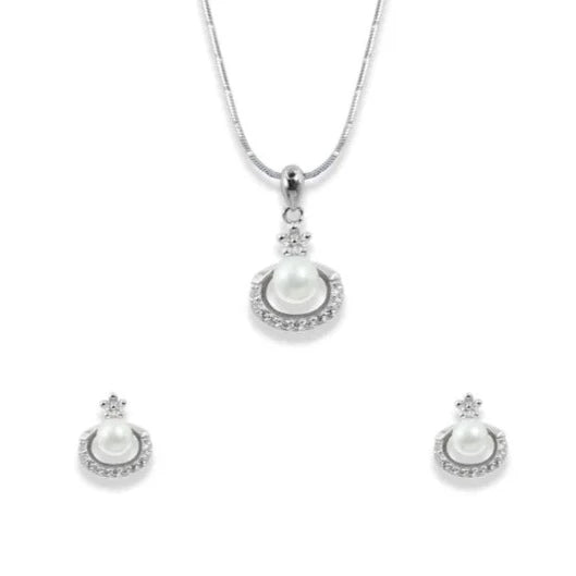 Silver white pearl moon pendant set