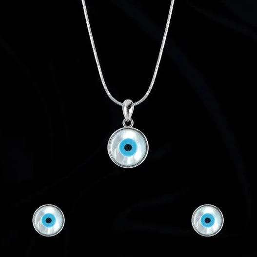 Silver minimal evil eye pendant set